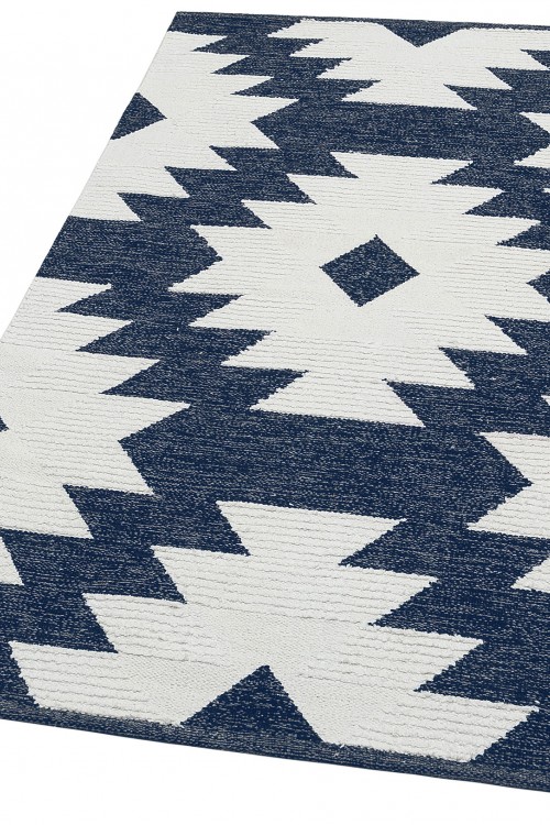 AFRO AFR 01 NAVY WHITE Naturel Yıkanabilir Modern Desenli El Dokuma Hint Kilim