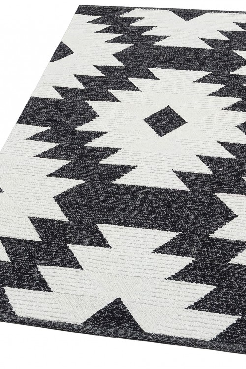 AFRO AFR 01 BLACK WHITE Naturel Yıkanabilir Modern Desenli El Dokuma Hint Kilim