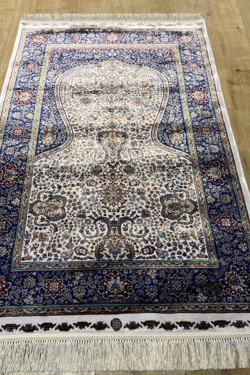 150 Tarak Sık Dokuma İpek Seccade - Lacivert/Beyaz