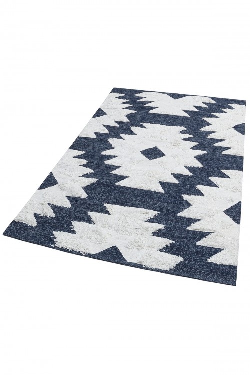 Eko Halı-AFRO AFR 01 NAVY WHITE-Naturel Yıkanabilir Modern Desenli El Dokuma Hint Kilim