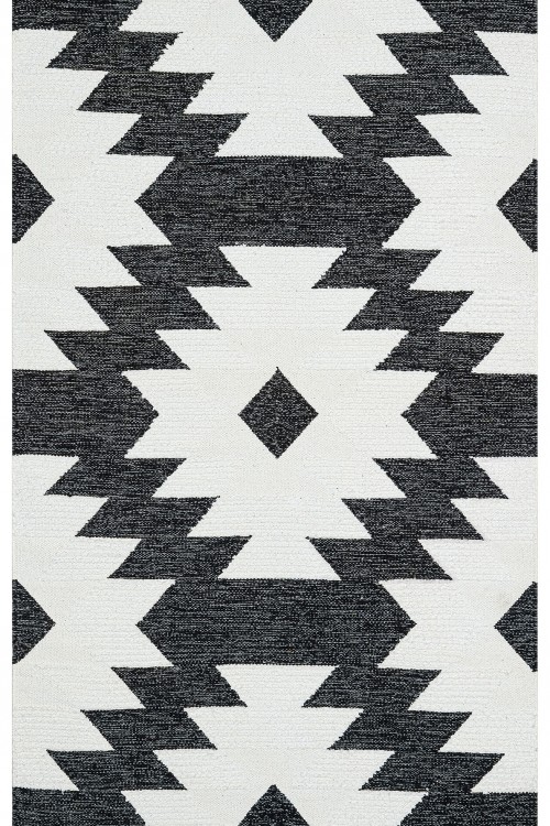 AFRO AFR 01 BLACK WHITE Naturel Yıkanabilir Modern Desenli El Dokuma Hint Kilim