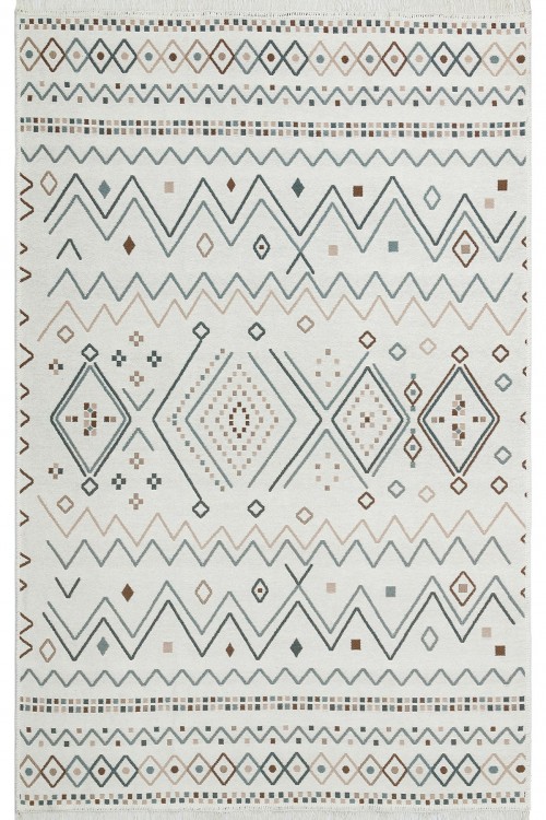 Eko Halı-ARYA AR 05 BEIGE BLUE-Yıkanabilir Çift Taraflı Modern Desenli Dokuma Kilim