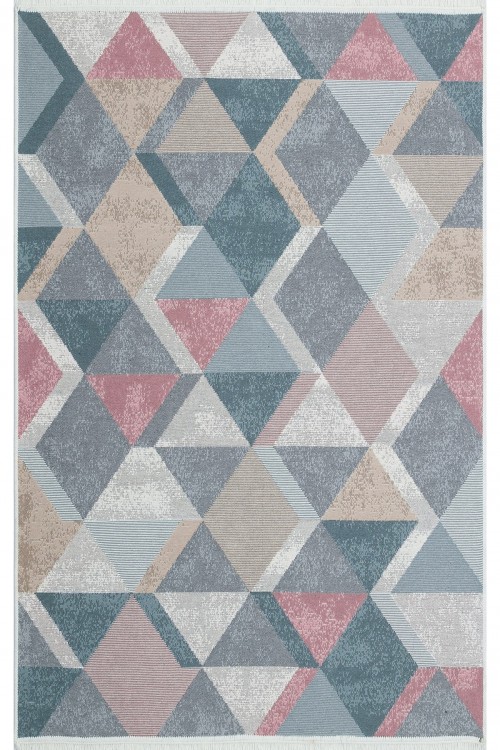 Eko Halı-ARYA AR 10 BLUE PINK-Yıkanabilir Çift Taraflı Modern Desenli Dokuma Kilim
