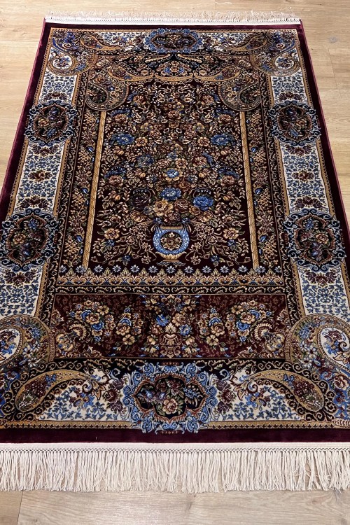120 Tarak İran İpek Seccade - Mavi / Kırmızı